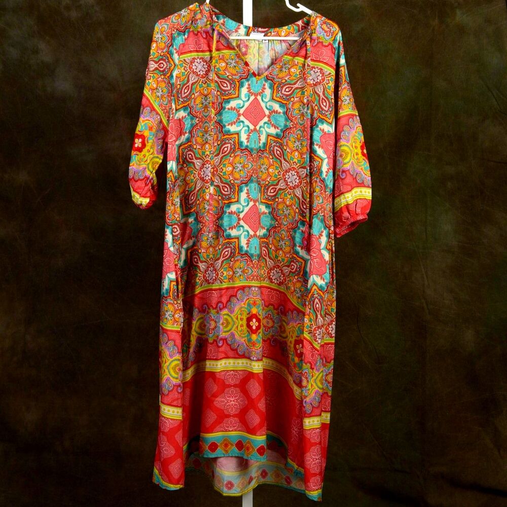 Emily Van Den Burg Bohemian Floral Hippie Chic Cotton Tunic Dress Size 36